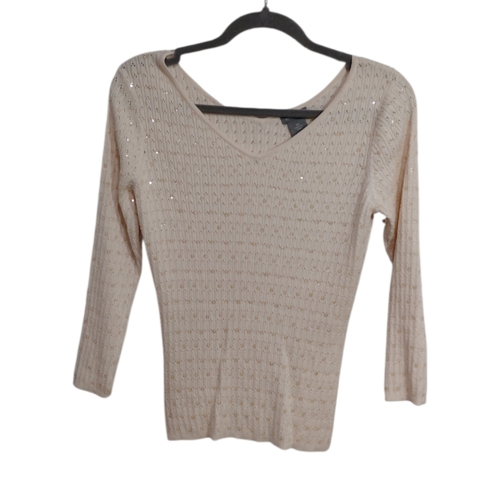 Ann Taylor Beige V-Neck Lightweight Knit Sweater